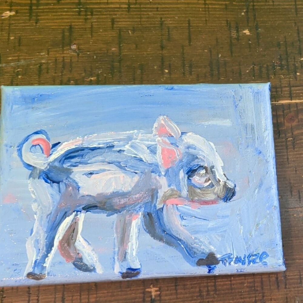Original 5x7 Inch Acrylic Painting Of A Pig On Canvas Handpainted